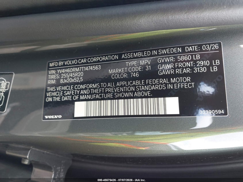 2026 Volvo Xc60 Plug-In Hybrid Ultra, T8 Awd Electric/Gasoline, Dark VIN: YV4H60RM7T1474563 Lot: 45575426
