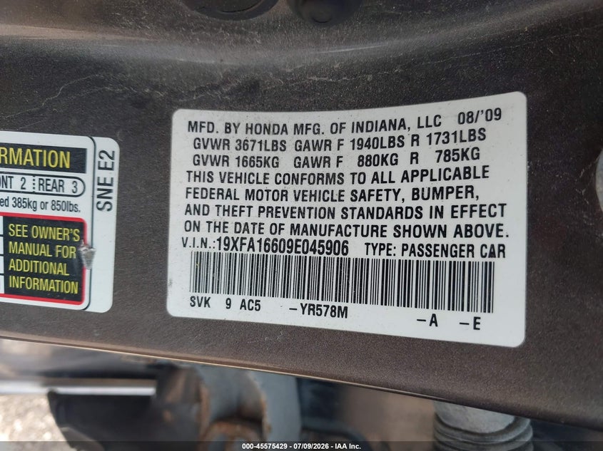 2009 HONDA CIVIC SEDAN 1.8L I-4 VVT, 140HP