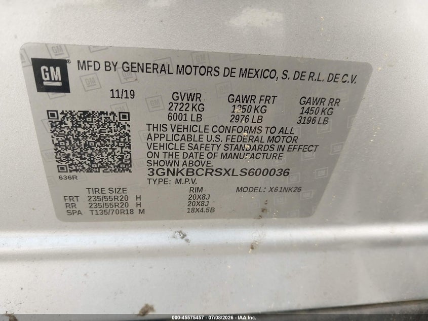 2020 Chevrolet Blazer Fwd 2Lt VIN: 3GNKBCRSXLS600036 Lot: 45575457