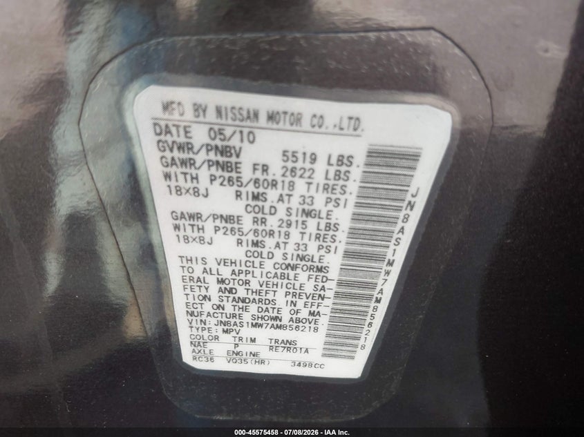 2010 Infiniti Fx35 VIN: JN8AS1MW7AM856218 Lot: 45575458