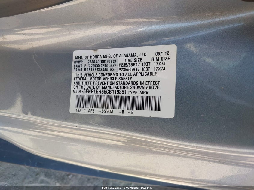 2012 Honda Odyssey Ex-L VIN: 5FNRL5H65CB119351 Lot: 45575475