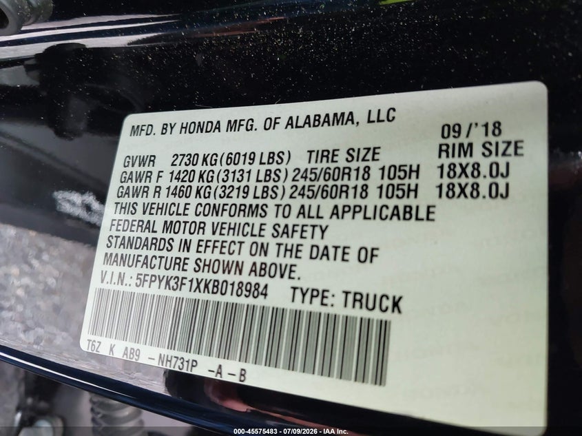 2019 Honda Ridgeline Sport VIN: 5FPYK3F1XKB018984 Lot: 45575483