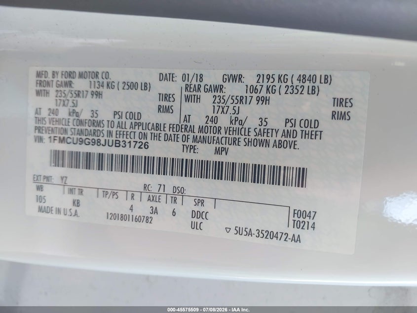 FORD ESCAPE 2018 VIN 1FMCU9G98JUB31726