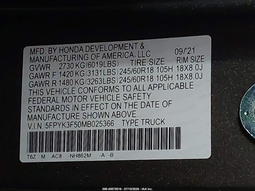 2021 Honda Ridgeline Awd Rtl VIN: 5FPYK3F50MB025366 Lot: 45575516