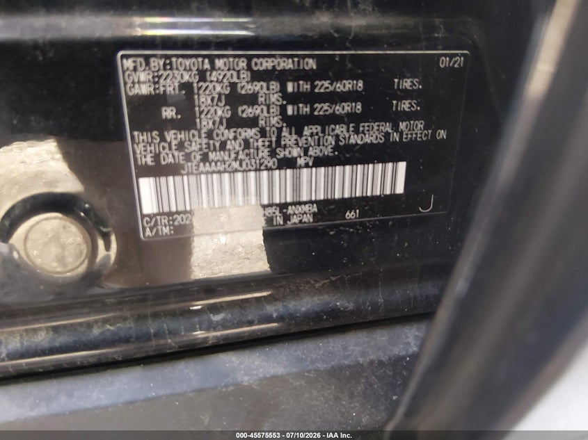 2021 Toyota Venza Le VIN: JTEAAAAH2MJ031290 Lot: 45575553
