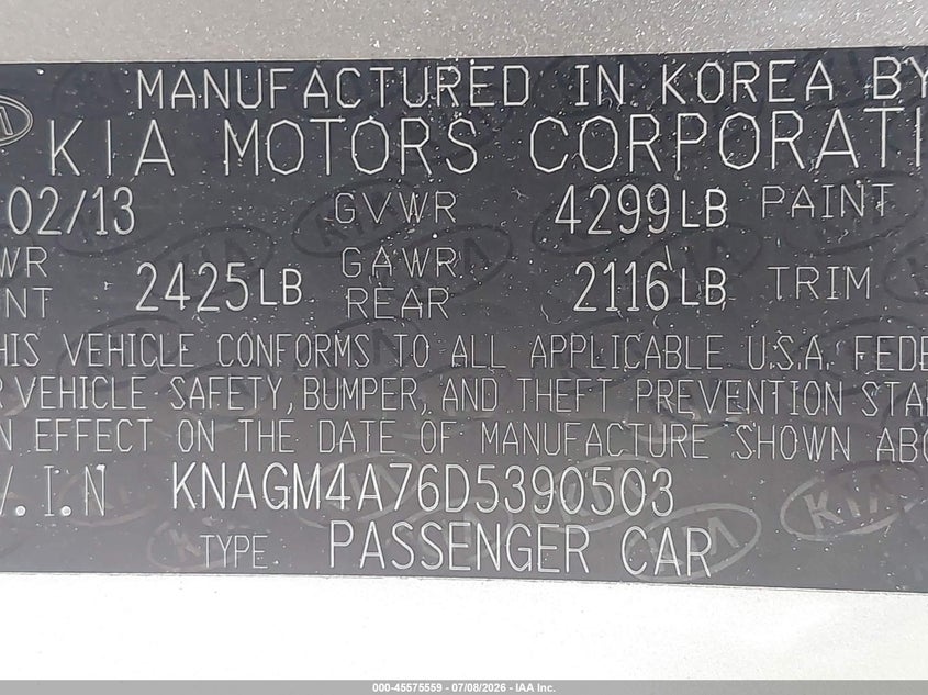 2013 Kia Optima Lx VIN: KNAGM4A76D5390503 Lot: 45575559