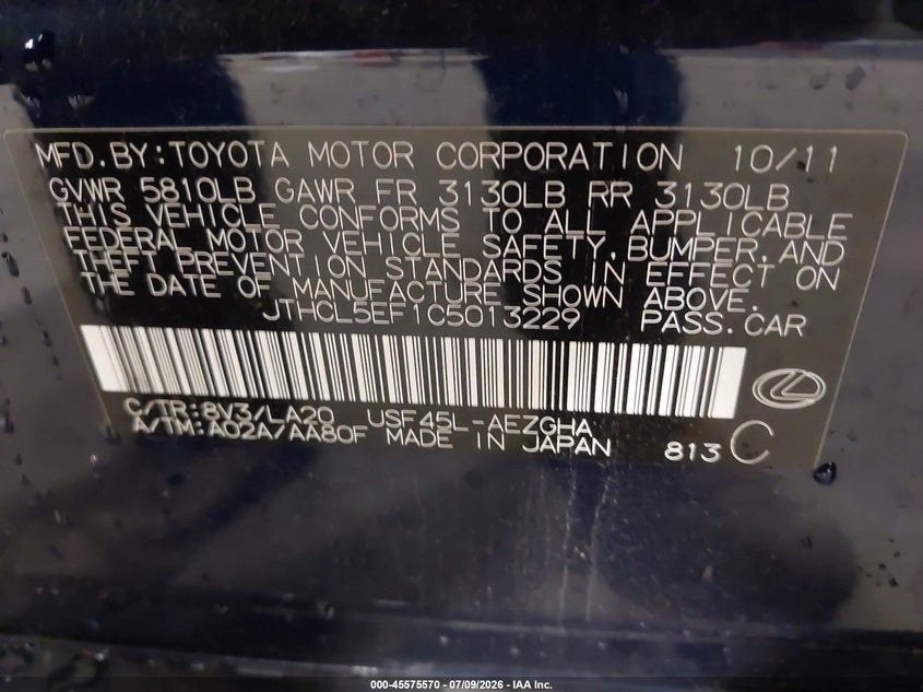 2012 Lexus Ls 460 VIN: JTHCL5EF1C5013229 Lot: 45575570