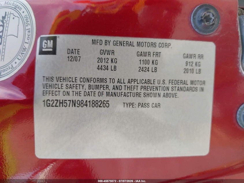 2008 Pontiac G6 Gt VIN: 1G2ZH57N984188265 Lot: 45575572