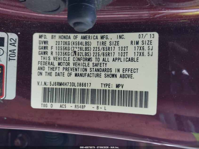 HONDA CR-V 2013 VIN 5J6RM4H73DL086617