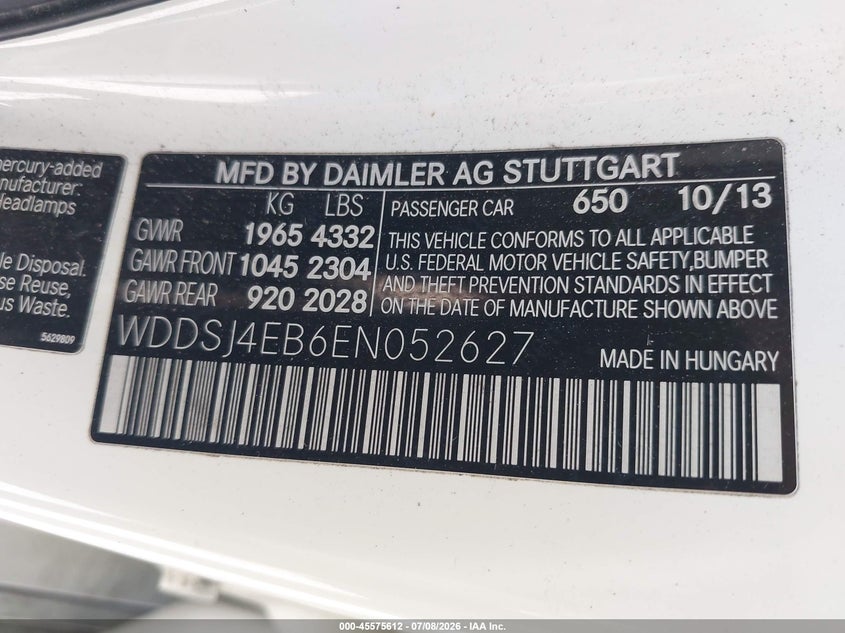 2014 Mercedes-Benz Cla 250 VIN: WDDSJ4EB6EN052627 Lot: 45575612