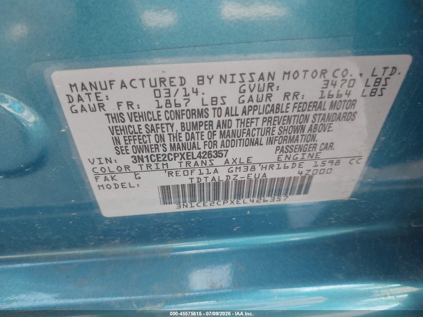 NISSAN VERSA NOTE 2014 VIN 3N1CE2CPXEL426357