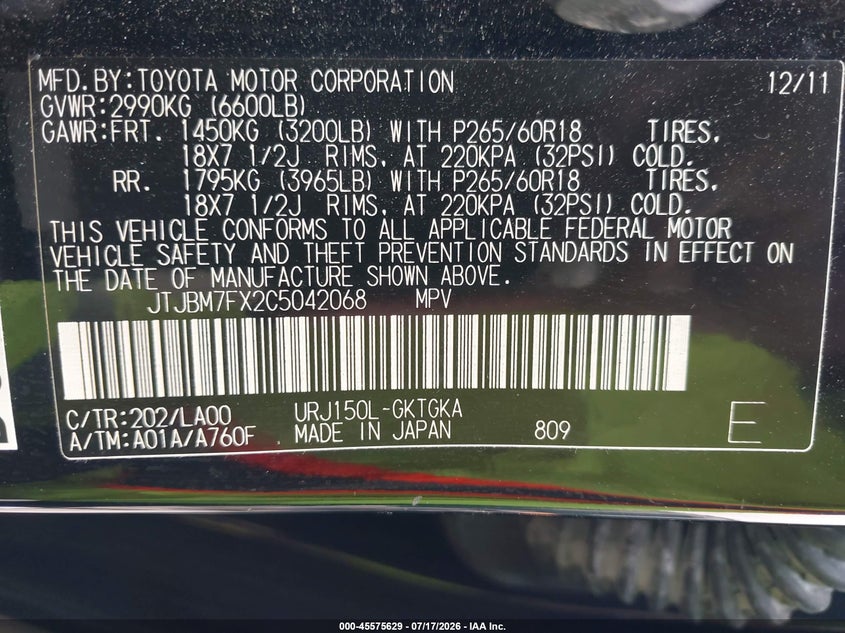 2012 Lexus Gx 460 VIN: JTJBM7FX2C5042068 Lot: 45575629