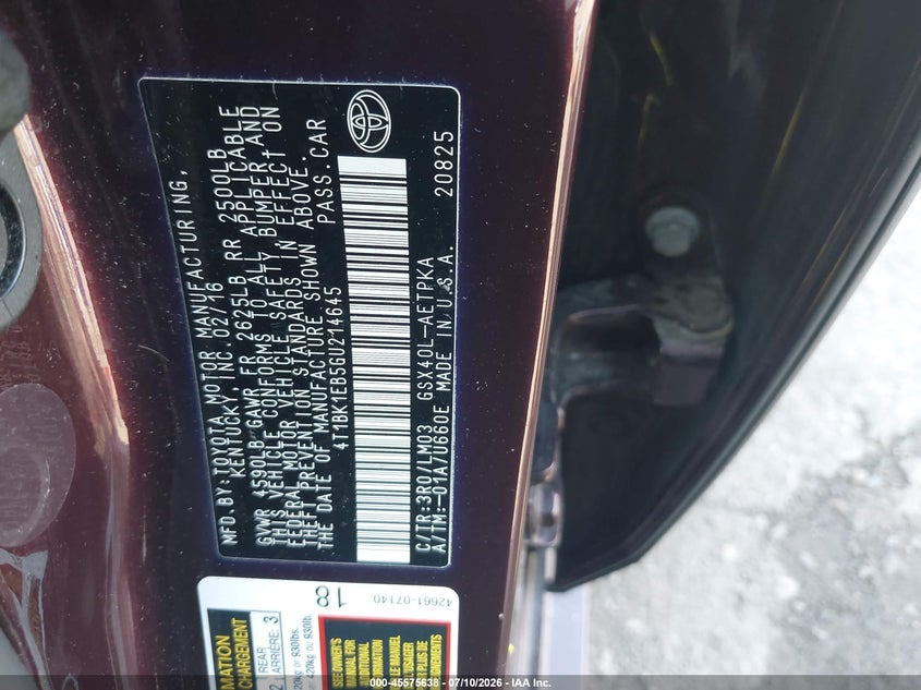 2016 TOYOTA AVALON SEDAN 3.5L V-6 DOHC, VVT, 268HP