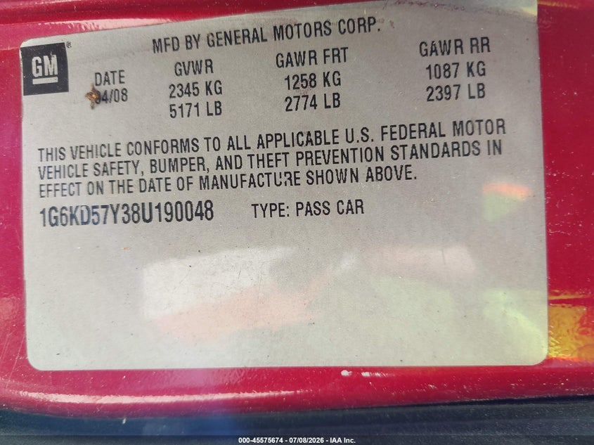 2008 Cadillac Dts 1Sb VIN: 1G6KD57Y38U190048 Lot: 45575674