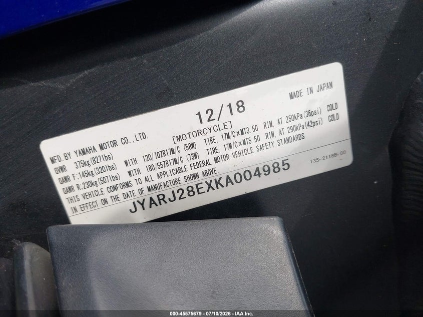 2019 Yamaha Yzfr6 VIN: JYARJ28EXKA004985 Lot: 45575679