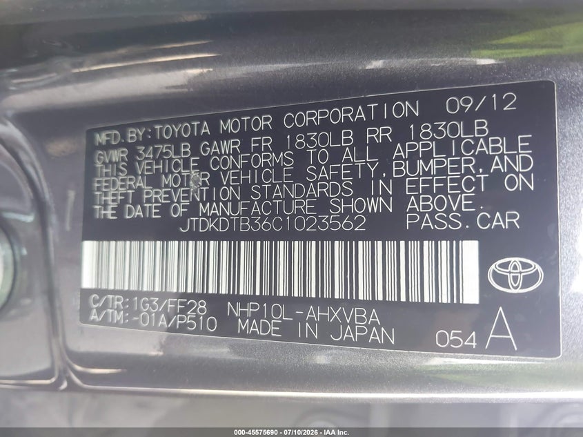 2012 Toyota Prius C Two VIN: JTDKDTB36C1023562 Lot: 45575690