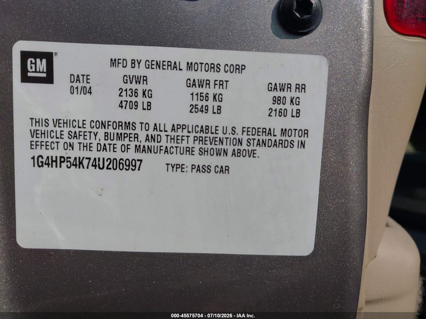 2004 Buick Lesabre Custom VIN: 1G4HP54K74U206997 Lot: 45575704