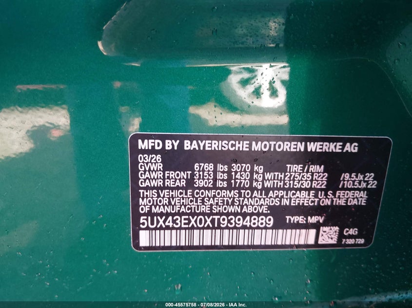 2026 BMW X6 M60I VIN: 5UX43EX0XT9394889 Lot: 45575758