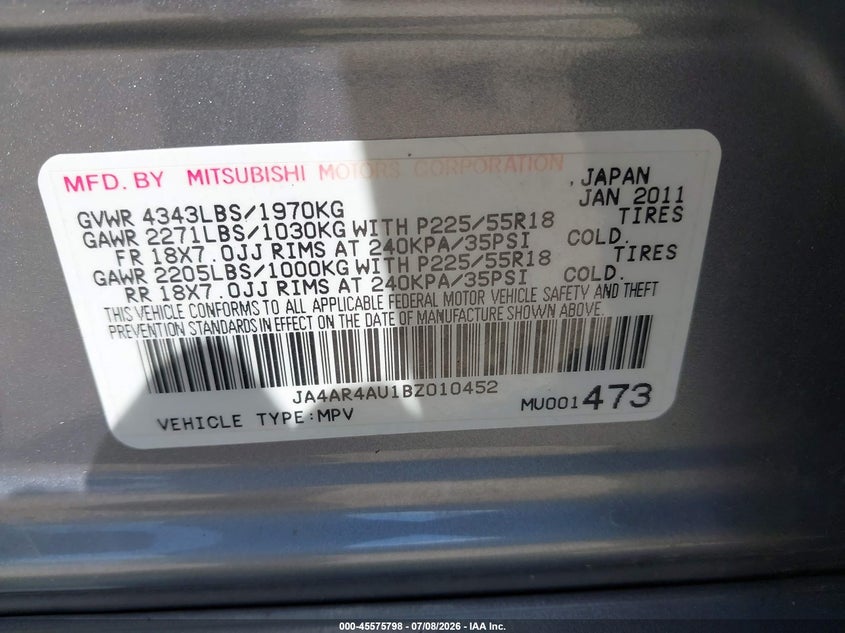 2011 MITSUBISHI OUTLANDER SPORT UTILITY VEHICLE 2.0L I-4 DOHC, VVT, 148HP
