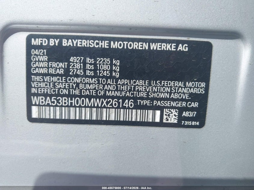 2021 BMW 530I VIN: WBA53BH00MWX26146 Lot: 45575800