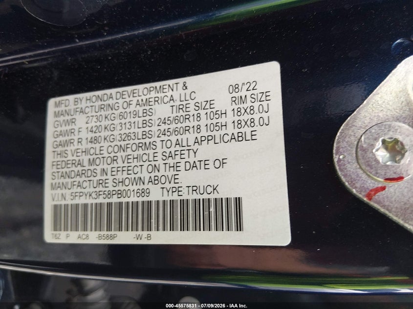2023 Honda Ridgeline Rtl VIN: 5FPYK3F58PB001689 Lot: 45575831