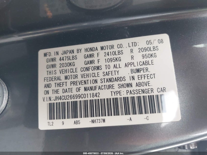 2009 Acura Tsx VIN: JH4CU26699C011842 Lot: 45575833