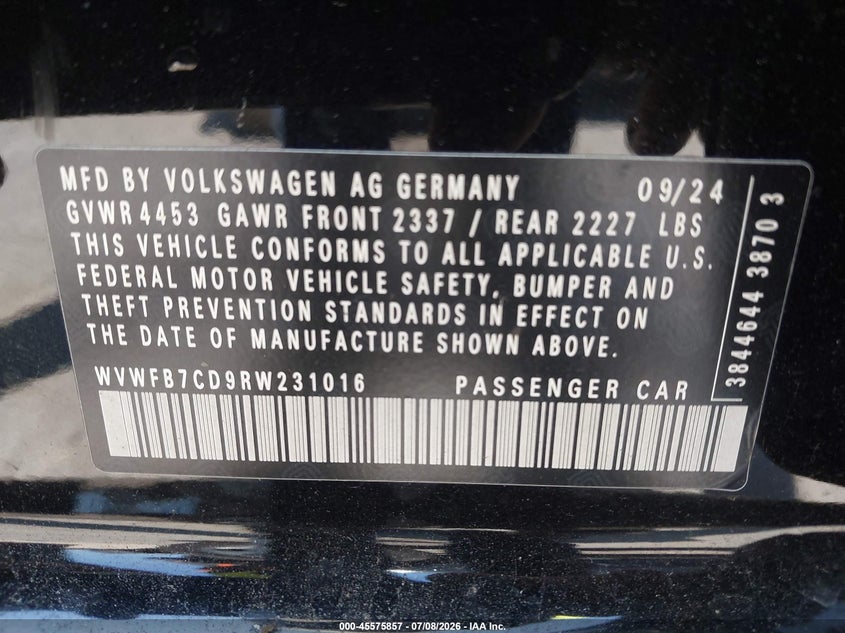 2024 Volkswagen Golf R 2.0T VIN: WVWFB7CD9RW231016 Lot: 45575857