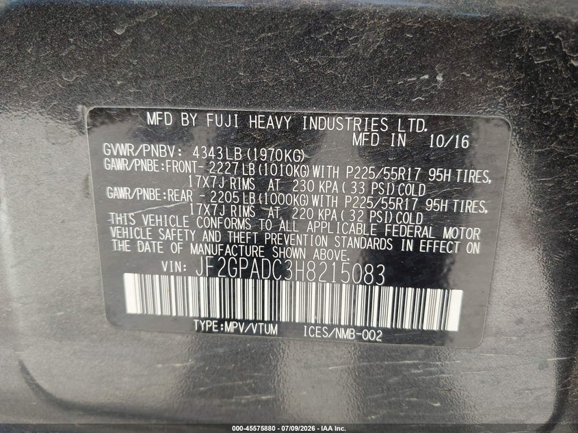 SUBARU CROSSTREK 2017 VIN JF2GPADC3H8215083
