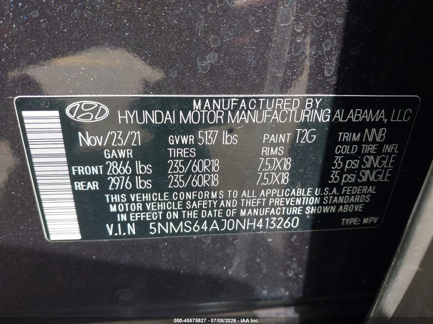 HYUNDAI SANTA FE 2022 VIN 5NMS64AJ0NH413260