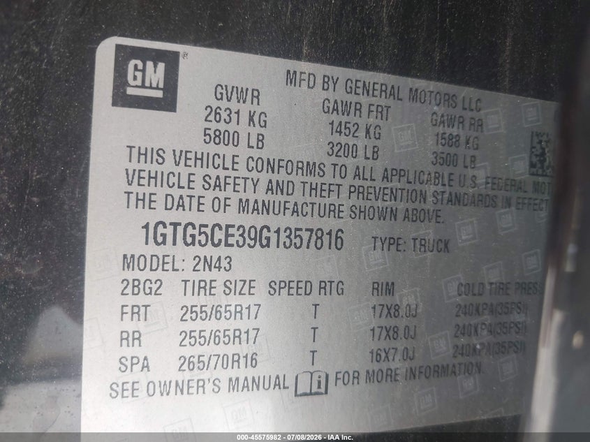 2016 GMC Canyon 2Wd Sle VIN: 1GTG5CE39G1357816 Lot: 45575982