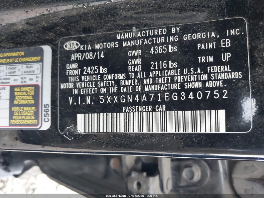 2014 Kia Optima Ex VIN: 5XXGN4A71EG340752 Lot: 45576008