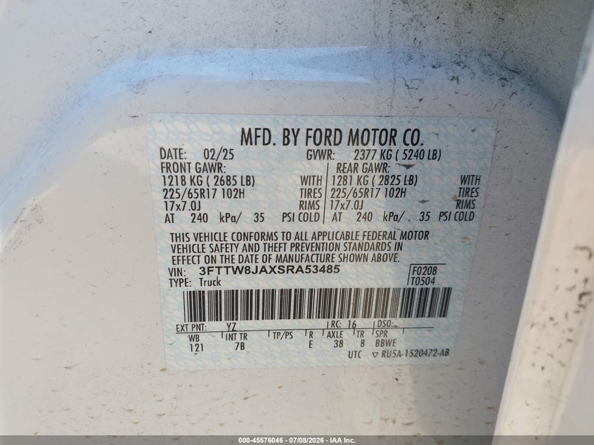 2025 Ford Maverick Xlt VIN: 3FTTW8JAXSRA53485 Lot: 45576046