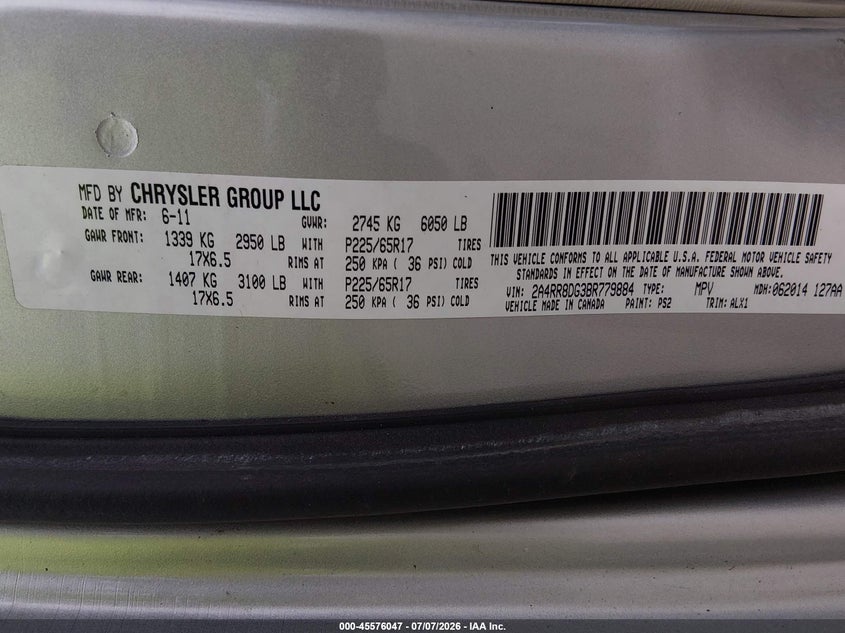 2011 Chrysler Town & Country Touring-L VIN: 2A4RR8DG3BR779884 Lot: 45576047