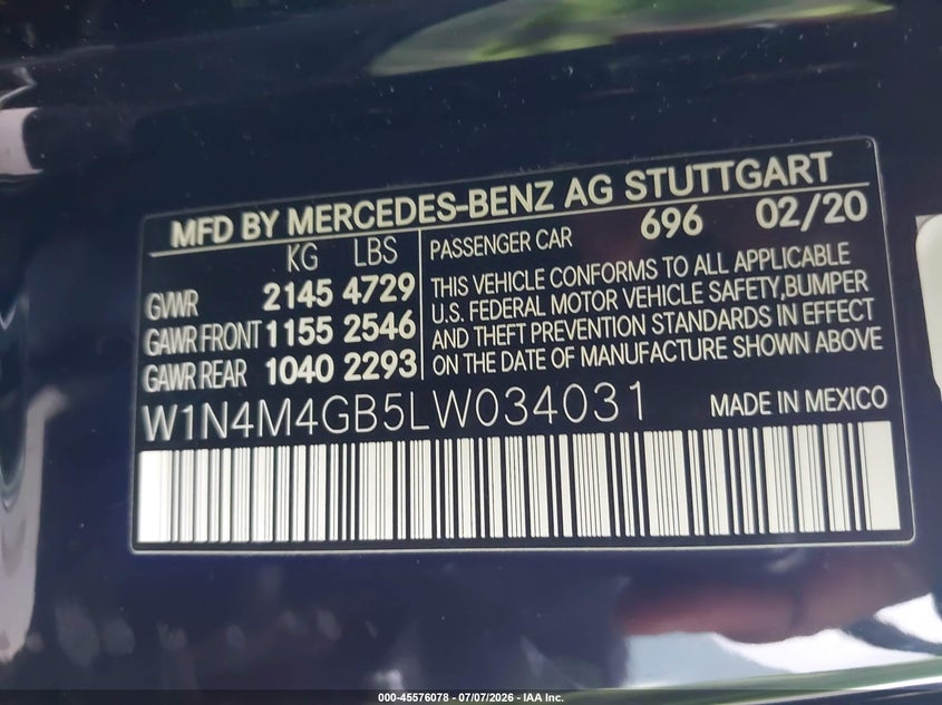 2020 Mercedes-Benz Glb 250 VIN: W1N4M4GB5LW034031 Lot: 45576078