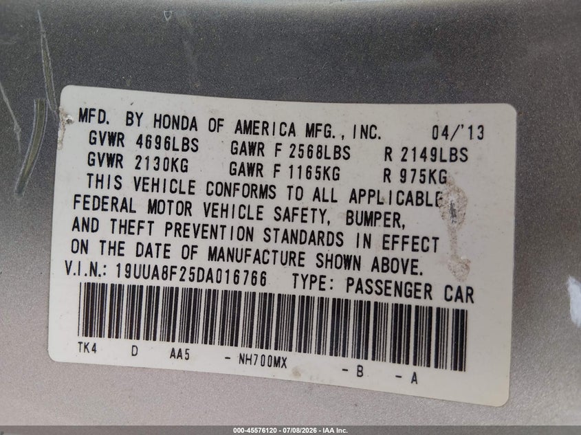2013 Acura Tl 3.5 VIN: 19UUA8F25DA016766 Lot: 45576120