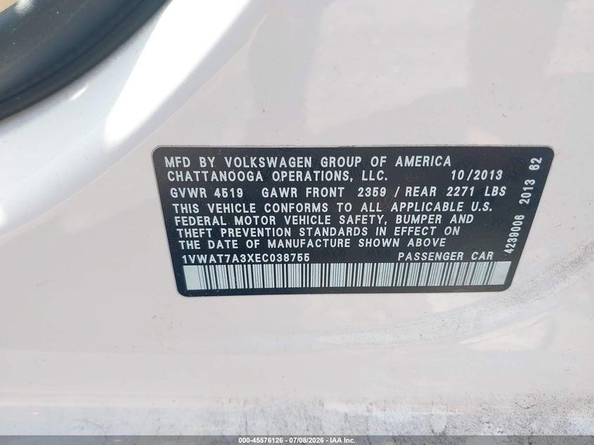2014 Volkswagen Passat 1.8T Wolfsburg Edition VIN: 1VWAT7A3XEC038755 Lot: 45576126