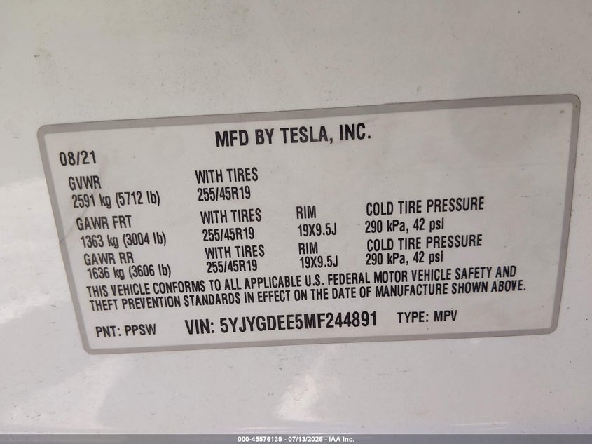 2021 Tesla Model Y Long Range Dual Motor All-Wheel Drive VIN: 5YJYGDEE5MF244891 Lot: 45576139