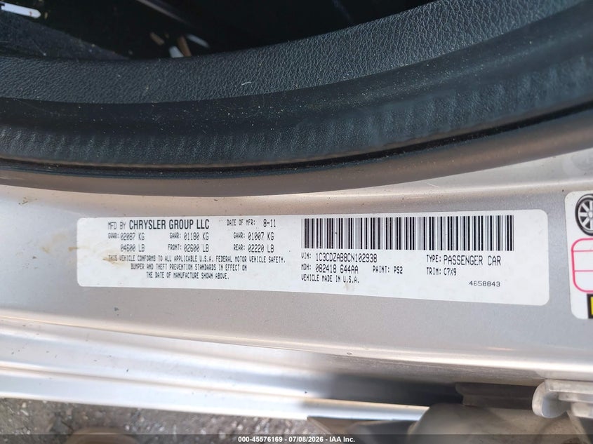 2012 Dodge Avenger Se VIN: 1C3CDZAB8CN102938 Lot: 45576169