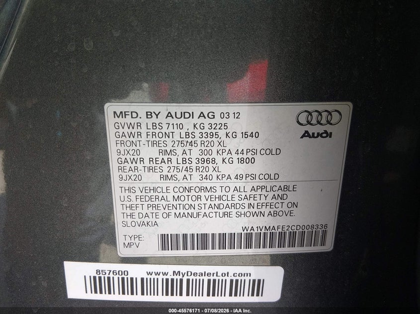 2012 Audi Q7 3.0 Tdi Premium VIN: WA1VMAFE2CD008336 Lot: 45576171