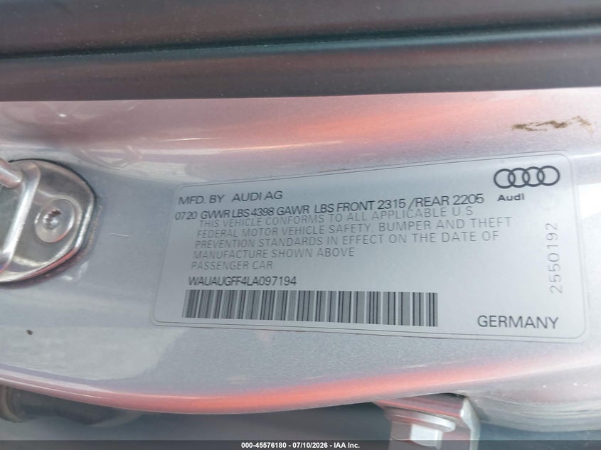 2020 Audi A3 Premium 40 Tfsi Front-Wheel Drive S Tronic VIN: WAUAUGFF4LA097194 Lot: 45576180