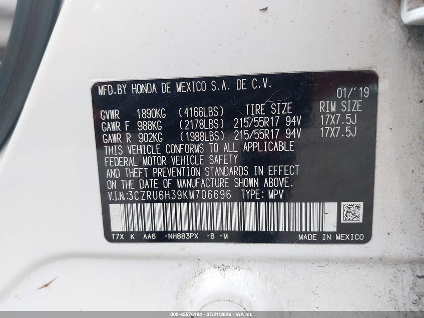 2019 Honda Hr-V Lx VIN: 3CZRU6H39KM706696 Lot: 45576184