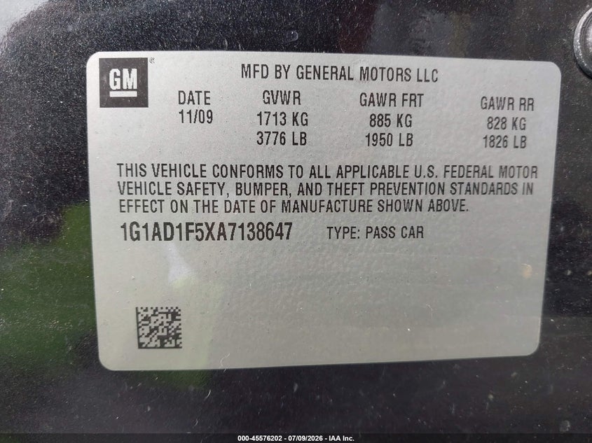 2010 Chevrolet Cobalt Lt VIN: 1G1AD1F5XA7138647 Lot: 45576202