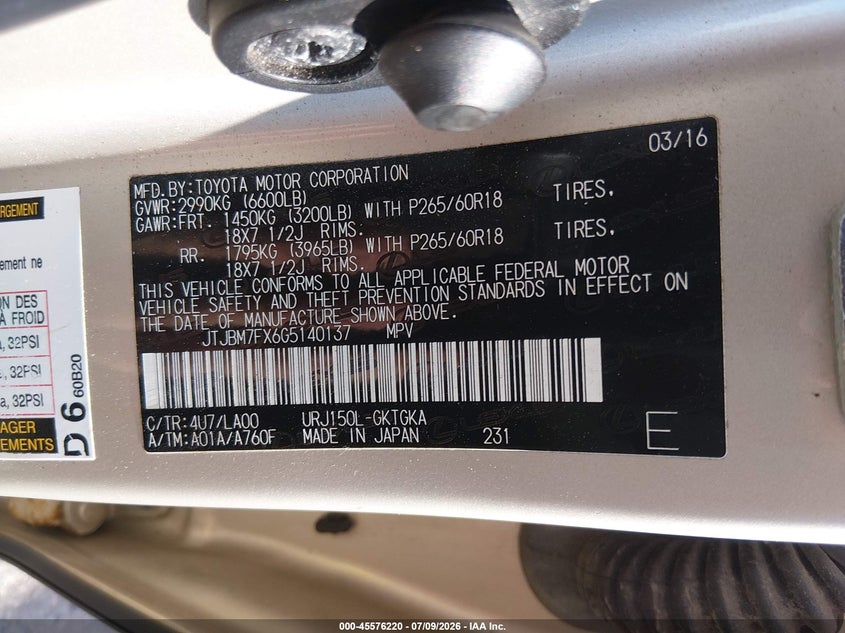 2016 Lexus Gx 460 VIN: JTJBM7FX6G5140137 Lot: 45576220