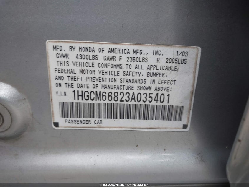 2003 Honda Accord 3.0 Ex VIN: 1HGCM66823A035401 Lot: 45576278