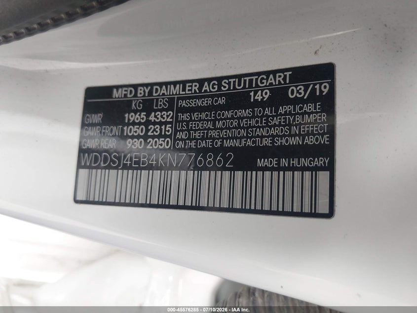 2019 Mercedes-Benz Cla 250 VIN: WDDSJ4EB4KN776862 Lot: 45576285