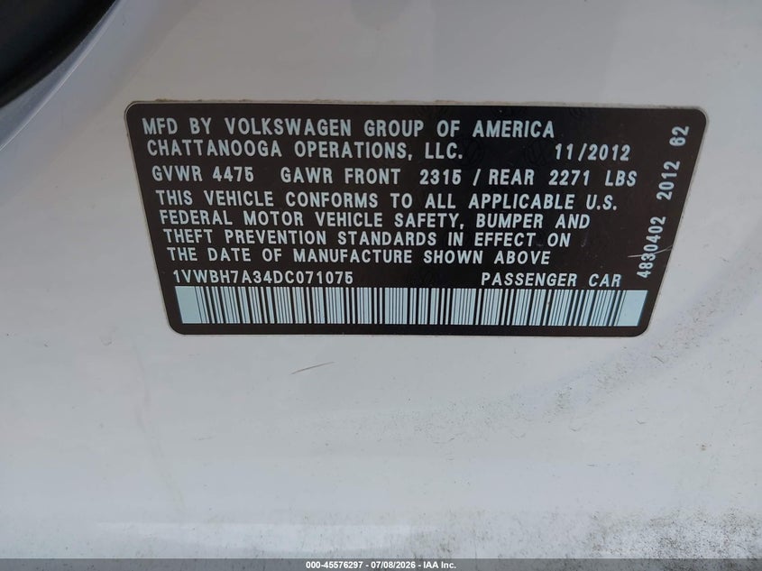 2013 Volkswagen Passat 2.5L Se VIN: 1VWBH7A34DC071075 Lot: 45576297