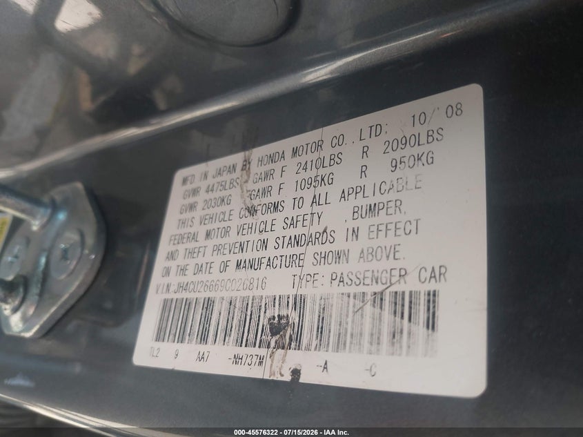 2009 Acura Tsx VIN: JH4CU26669C026816 Lot: 45576322