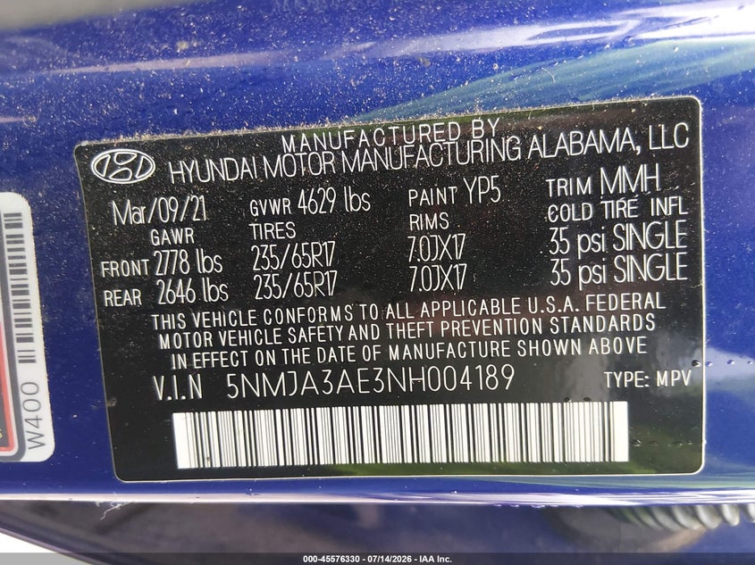 2022 Hyundai Tucson Se VIN: 5NMJA3AE3NH004189 Lot: 45576330