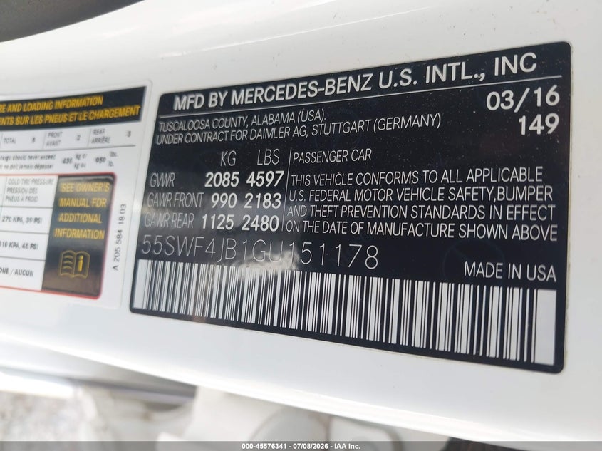 2016 Mercedes-Benz C 300 VIN: 55SWF4JB1GU151178 Lot: 45576341