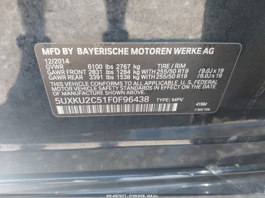 2015 BMW X6 xDrive35I VIN: 5UXKU2C51F0F96438 Lot: 45576377